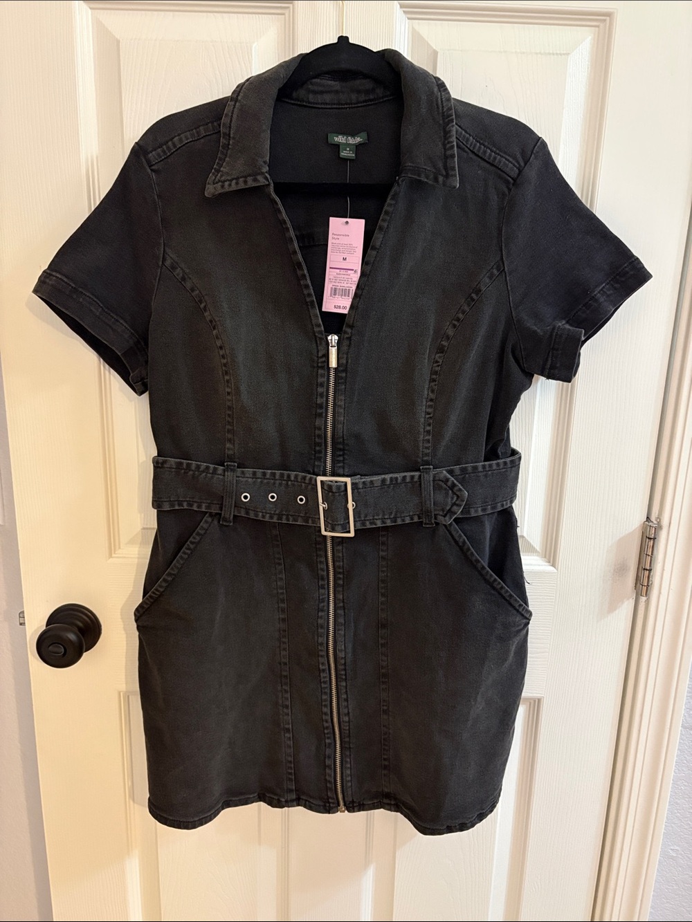 wild fable Black Short-Sleeve Zip Front Denim Dress with Belt